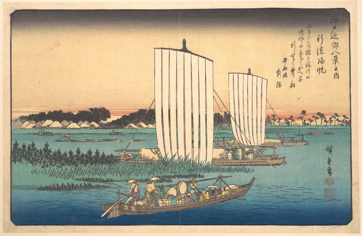 Både, der vender tilbage til Gyotoku af Utagawa Hiroshige