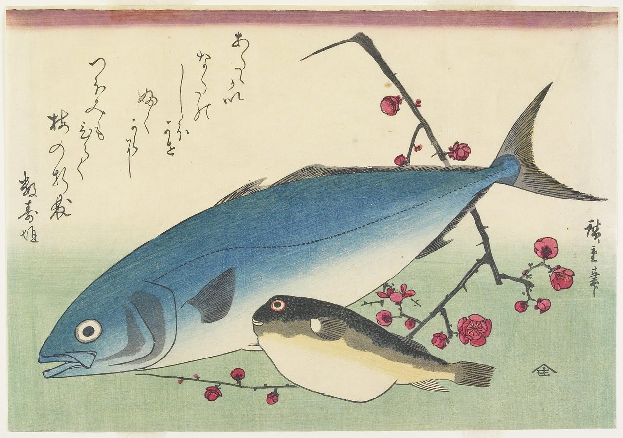 Bonito, Globefish og en spray af blomstrende blomme, ca. 1840 af Utagawa Hiroshige