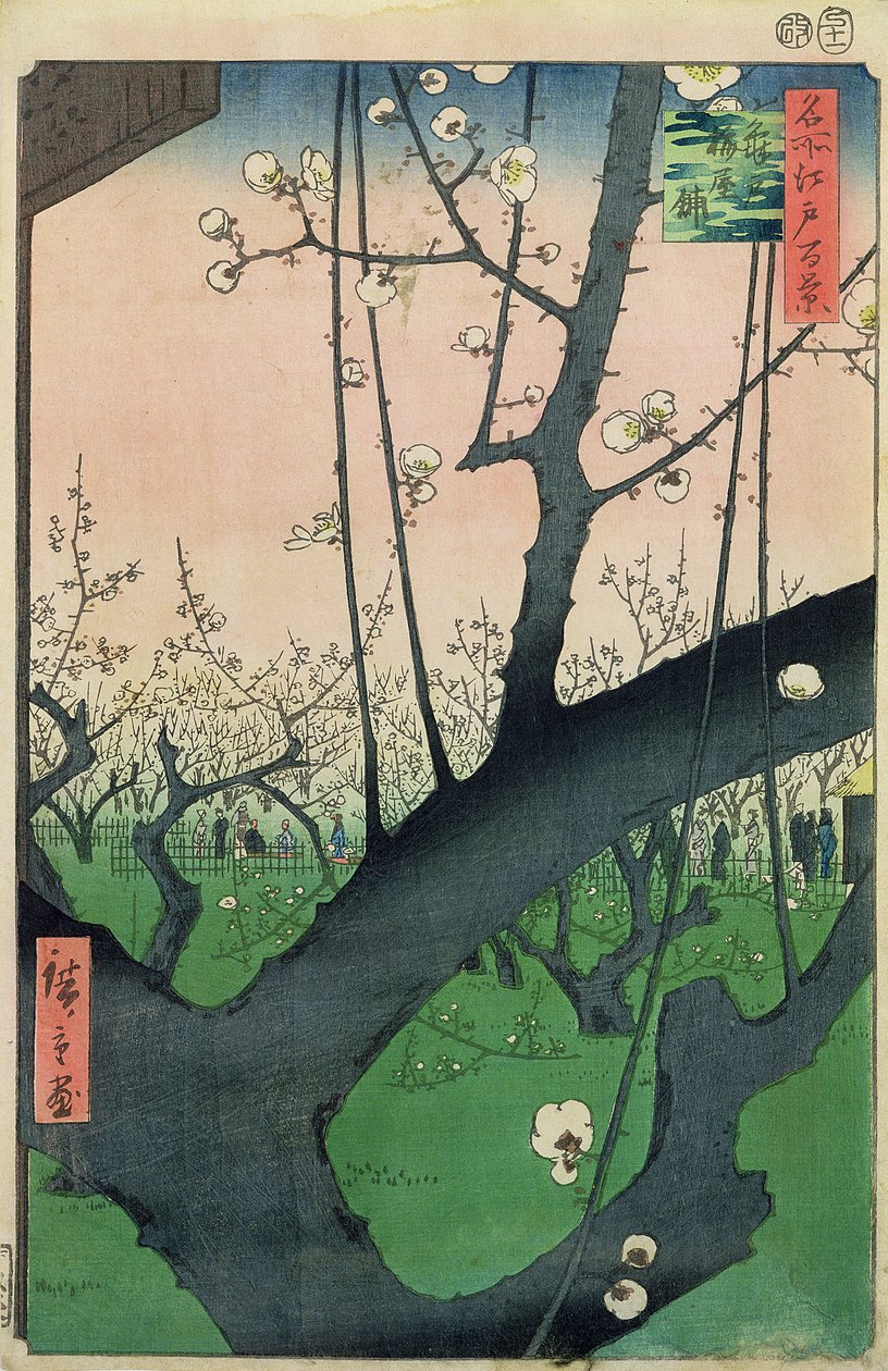 Gren af et blomstrende blommetræ (farvet træbloktryk) af Utagawa Hiroshige