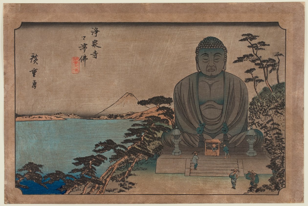 Buddhistisk udendørs statue ved Jōsen-templet: Den store Buddha i Kamakura af Utagawa Hiroshige