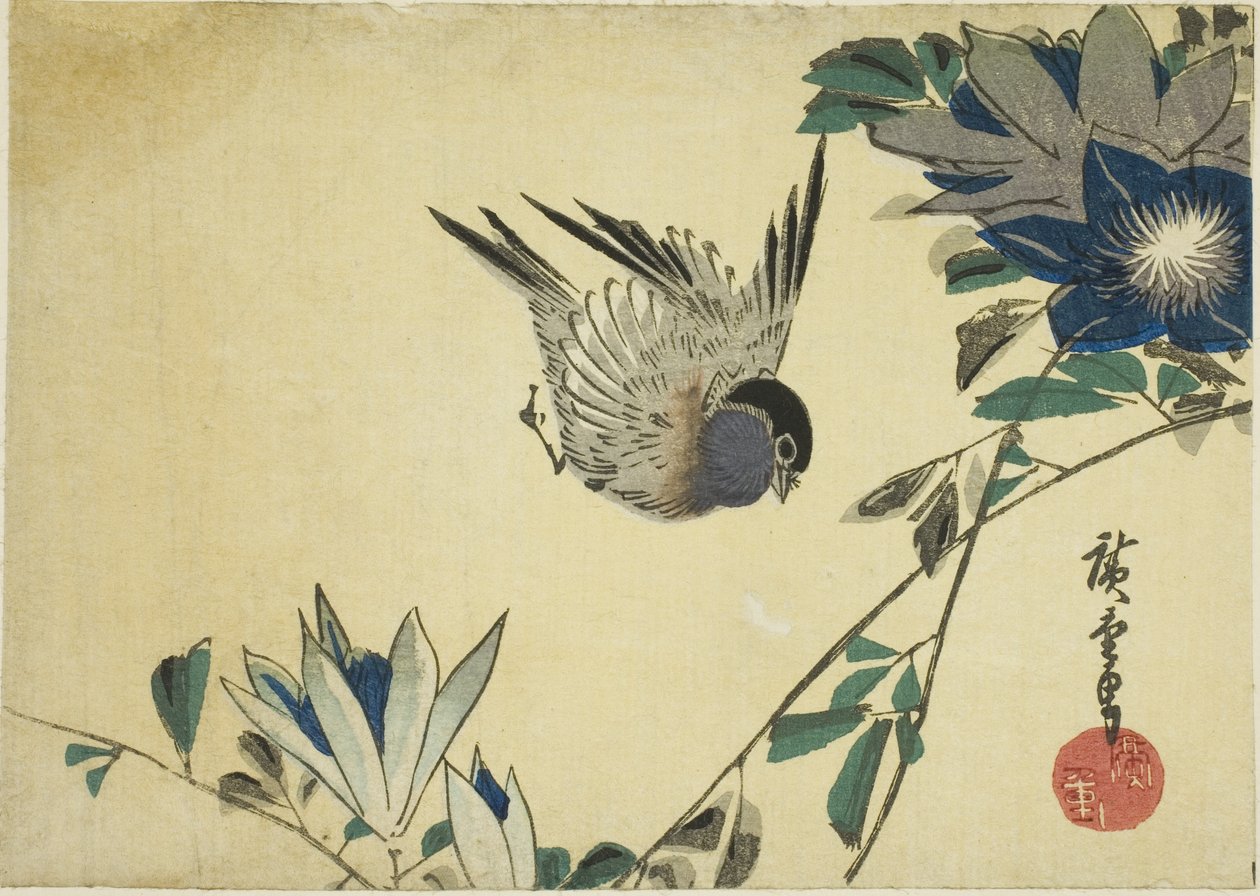 Bullfinch og klematis af Utagawa Hiroshige
