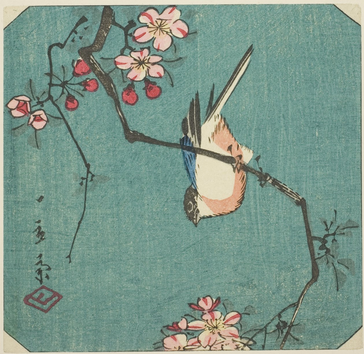 Bullfinch, sektion af et unavngivet harimaze-tryk af Utagawa Hiroshige