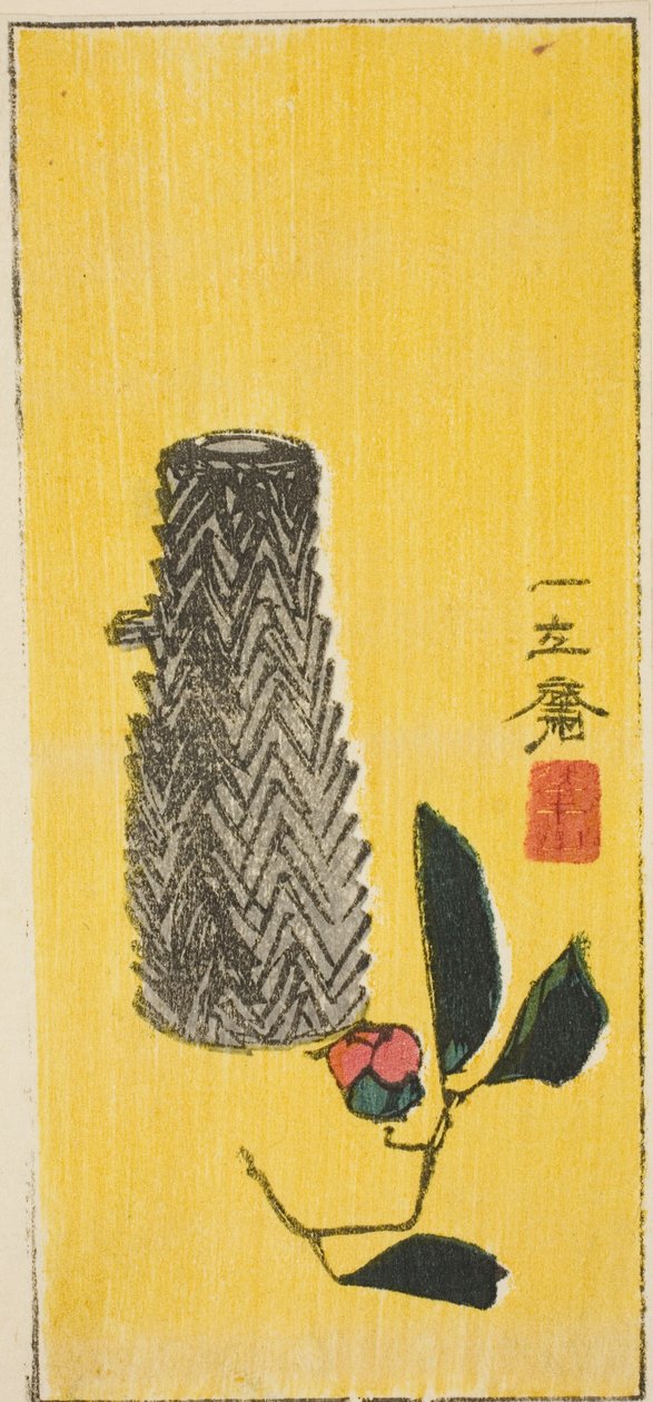 Camellia og kurv, del af et unavngivet harimaze-ark af Utagawa Hiroshige