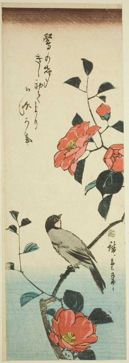 Camellia blomster og bullfinch af Utagawa Hiroshige
