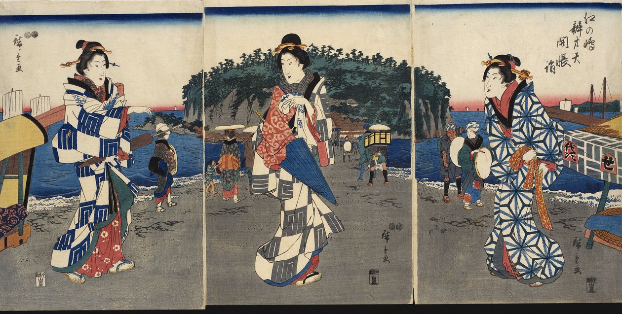 Ceremoni i forbindelse med afsløringen af ikonet ved Benzaiten på Enoshima af Utagawa Hiroshige