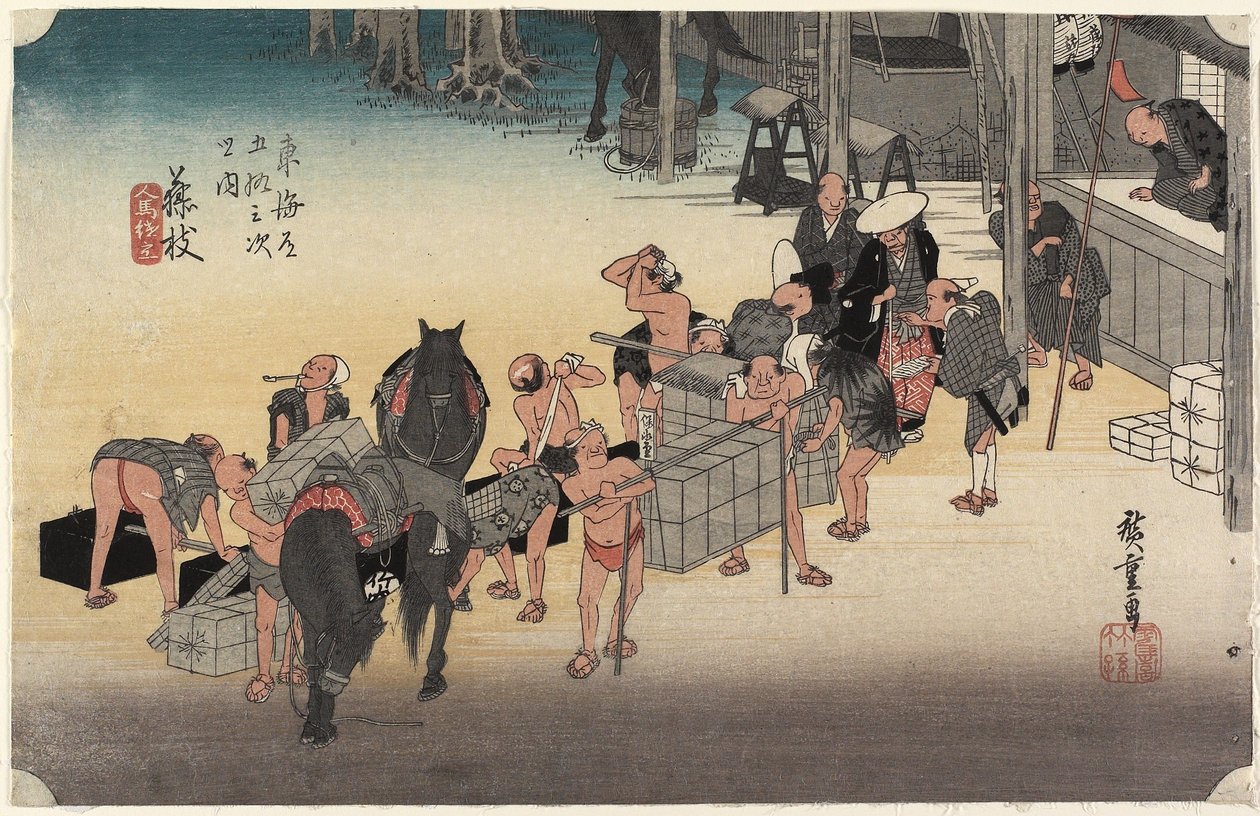 Skiftende bærere og heste, Fujieda, ca. 1833 af Utagawa Hiroshige