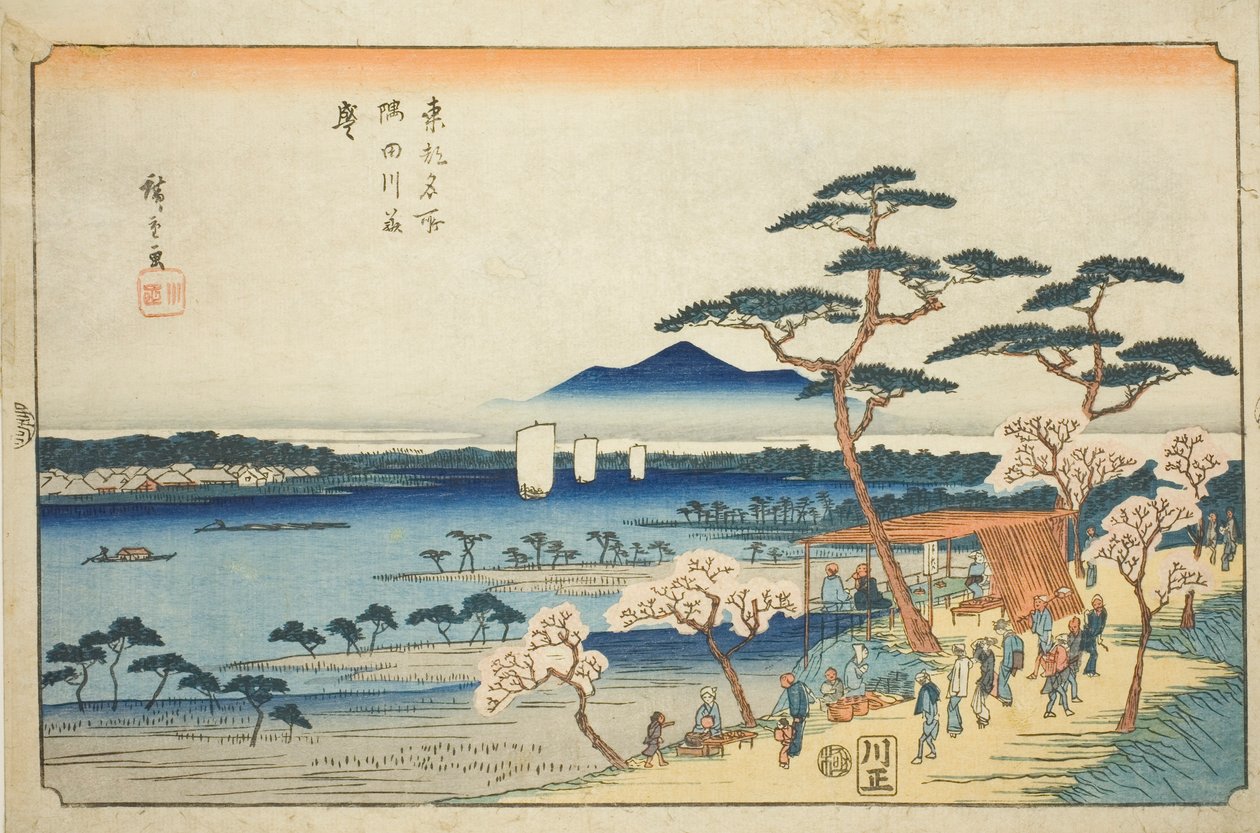 Kirsebærblomster i fuld blomst langs Sumida-floden (Sumidagawa hanazakari), fra serien "Famous Places in the Eastern Capital (Toto meisho)" af Utagawa Hiroshige