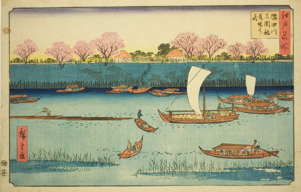 Kirsebærtræer langs Sumida-flodens dæmning ved Mimeguri Inari-helligdommen (Sumidagawa Mimeguri Inari tsutsumi no hana), fra serien "Famous Places in Edo (Edo meisho)" af Utagawa Hiroshige