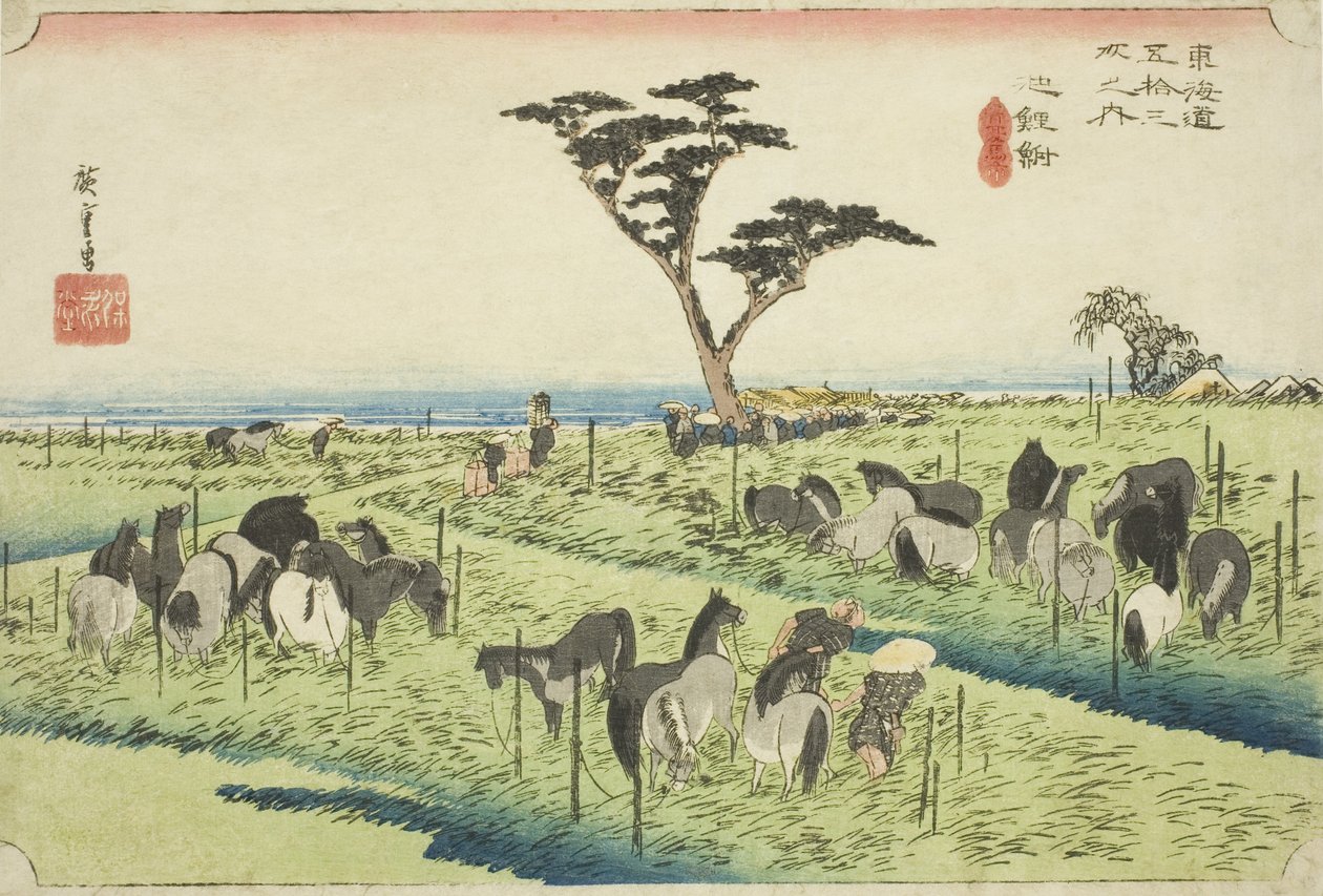 Chiryu: Early Summer Horse Market (Chiryu, shuka uma ichi), fra serien "Fifty-three Stations of the Tokaido (Tokaido gojusan tsugi no uchi)," også kendt som Hoeido Tokaido af Utagawa Hiroshige
