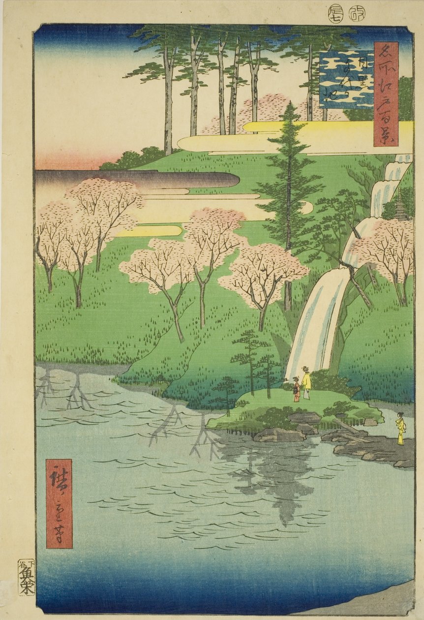Chiyogaike dam, Meguro (Meguro Chiyogaike), fra serien "one funded fathers of meisho edo hyakkei" af Utagawa Hiroshige