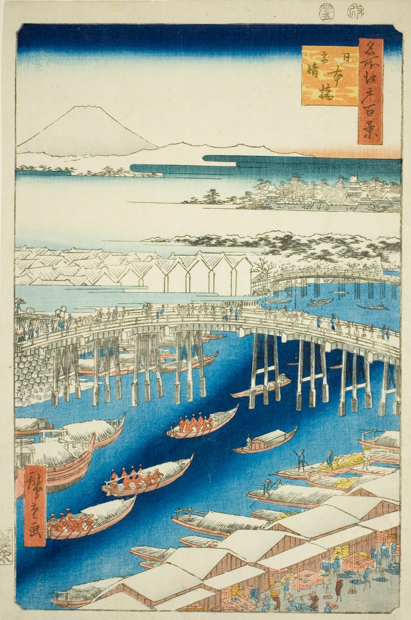 C ware ware af hand r S w at Japan B reason (Nihonbashi snow clear), from the series s "Ridge dre d fa net view ws f Edo (berømt sted Edo 100 views)" af Utagawa Hiroshige