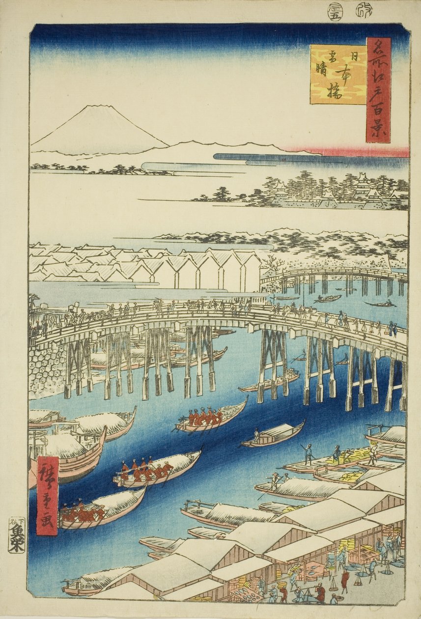 C ware ware af hand r S w at Japan B Ridge (Nihonbashi snow clear), fra serien "Ridge dre d fa net view ws f Edo (berømt sted Edo 100 views)" af Utagawa Hiroshige