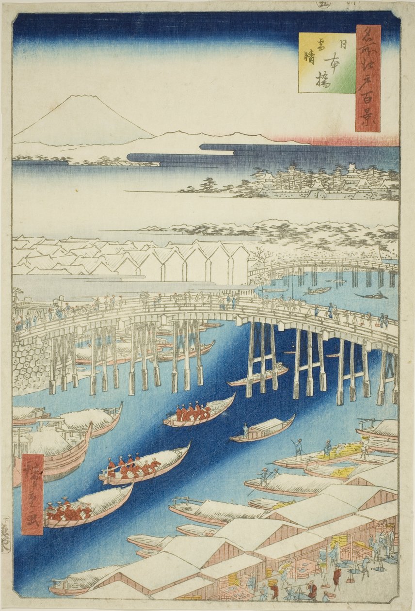 C ware ware af hand r S w at Japan B Ridge (Nihonbashi snow clear), fra serien "Ridge dre d fa net view ws f Edo (berømt sted Edo 100 views)" af Utagawa Hiroshige