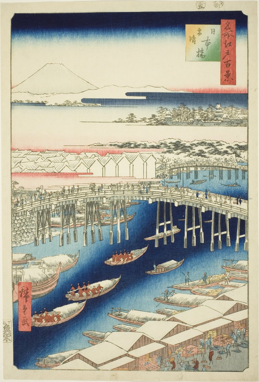 C ware ware af hand r S w at Japan B Ridge (Nihonbashi snow clear), fra serien "Ridge dre d fa net view ws f Edo (berømt sted Edo 100 views)" af Utagawa Hiroshige