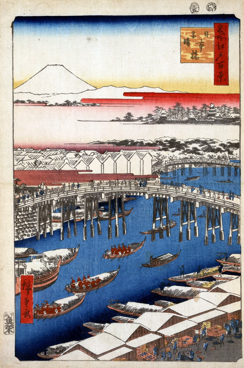 Klart vejr efter sne ved Nihon-broen, hundrede berømte udsigter over Edo, 1856-1858. af Utagawa Hiroshige