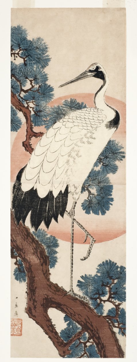 Trane i fyrretræ ved solopgang, 1850-55 (træblok) af Utagawa Hiroshige