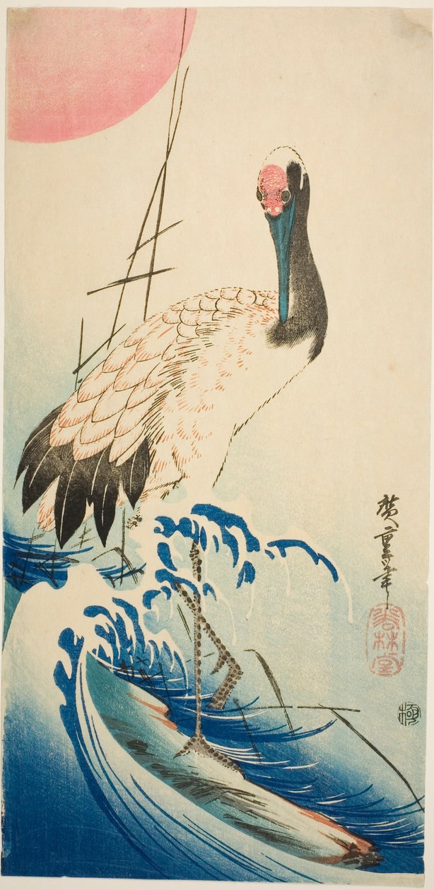 Trane, bølger og opgående sol af Utagawa Hiroshige