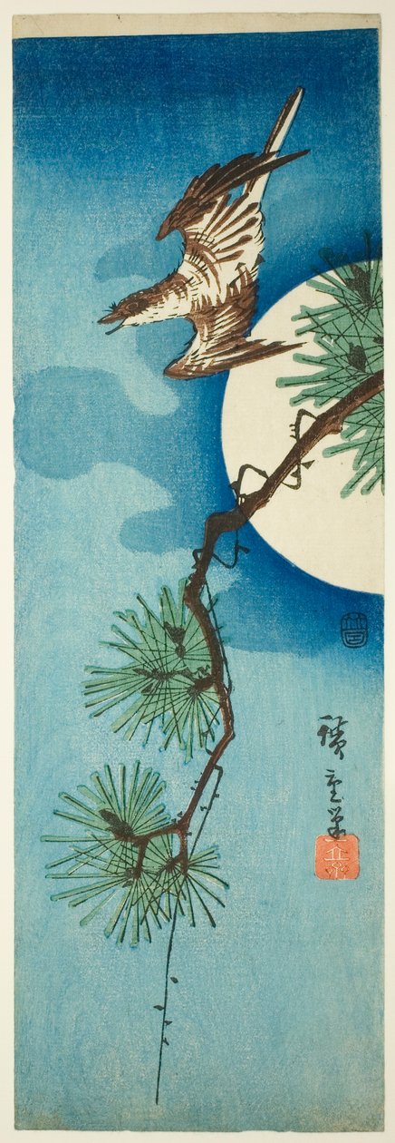 Gøg, fyrregren og fuldmåne af Utagawa Hiroshige