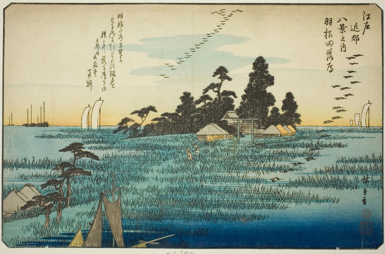 Nedstigende gæs ved Haneda (Haneda no rakugan), fra serien "Eight Views in the Environs of Edo (Edo kinko hakkei no uchi)" af Utagawa Hiroshige