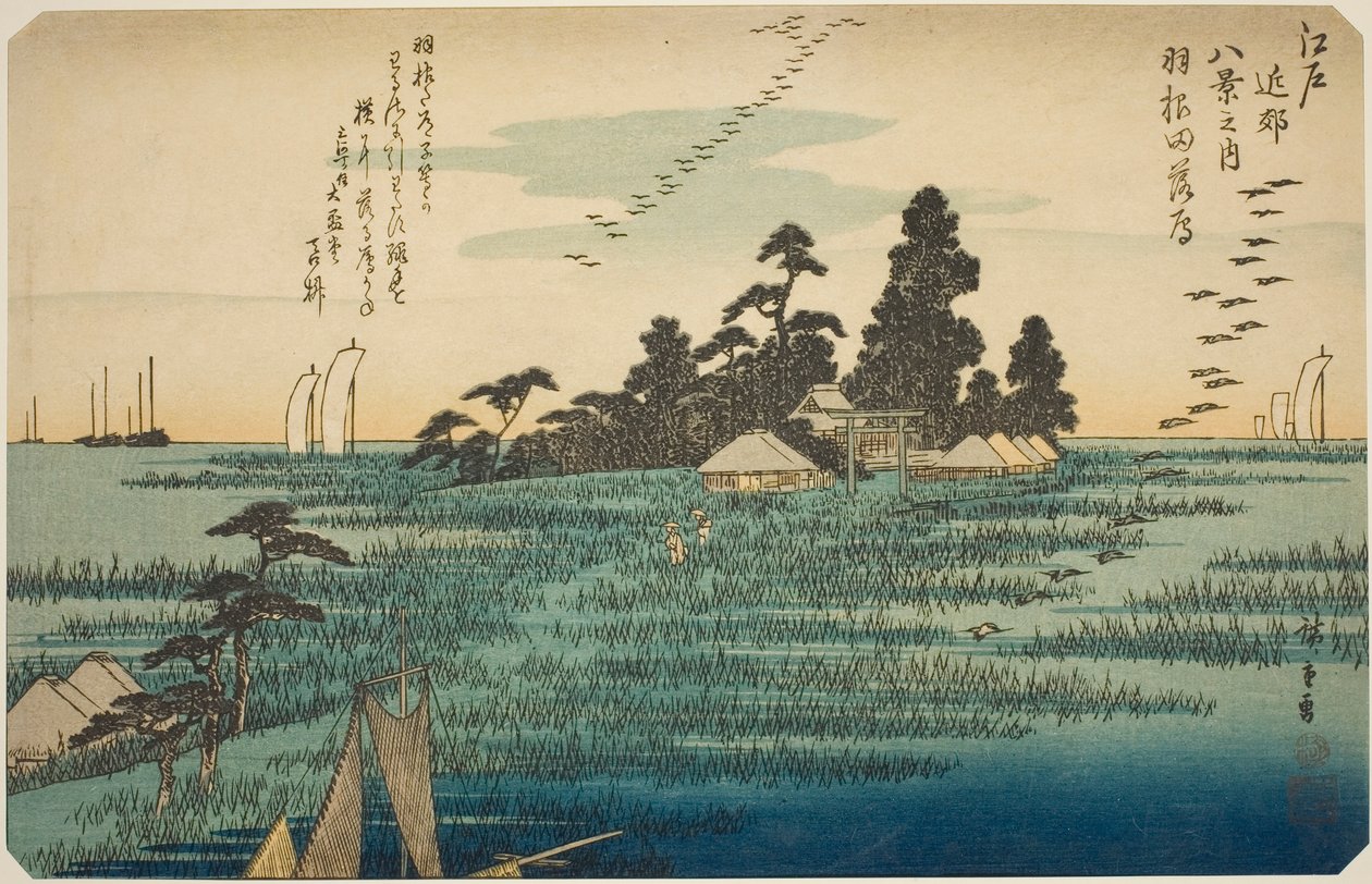 Nedstigende gæs ved Haneda (Haneda no rakugan), fra serien "Eight Views in the Environs of Edo (Edo kinko hakkei no uchi)" af Utagawa Hiroshige
