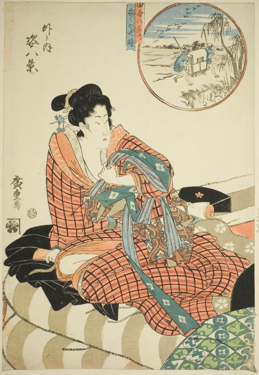Nedstigende gæs ved rismarkerne (Tanbo no rakugan) og aftenklokken om morgenen (Kinuginu no bansho), fra serien "Eight Views of Figures Inside and Outside (Soto to uchi sugata hakkei)" af Utagawa Hiroshige