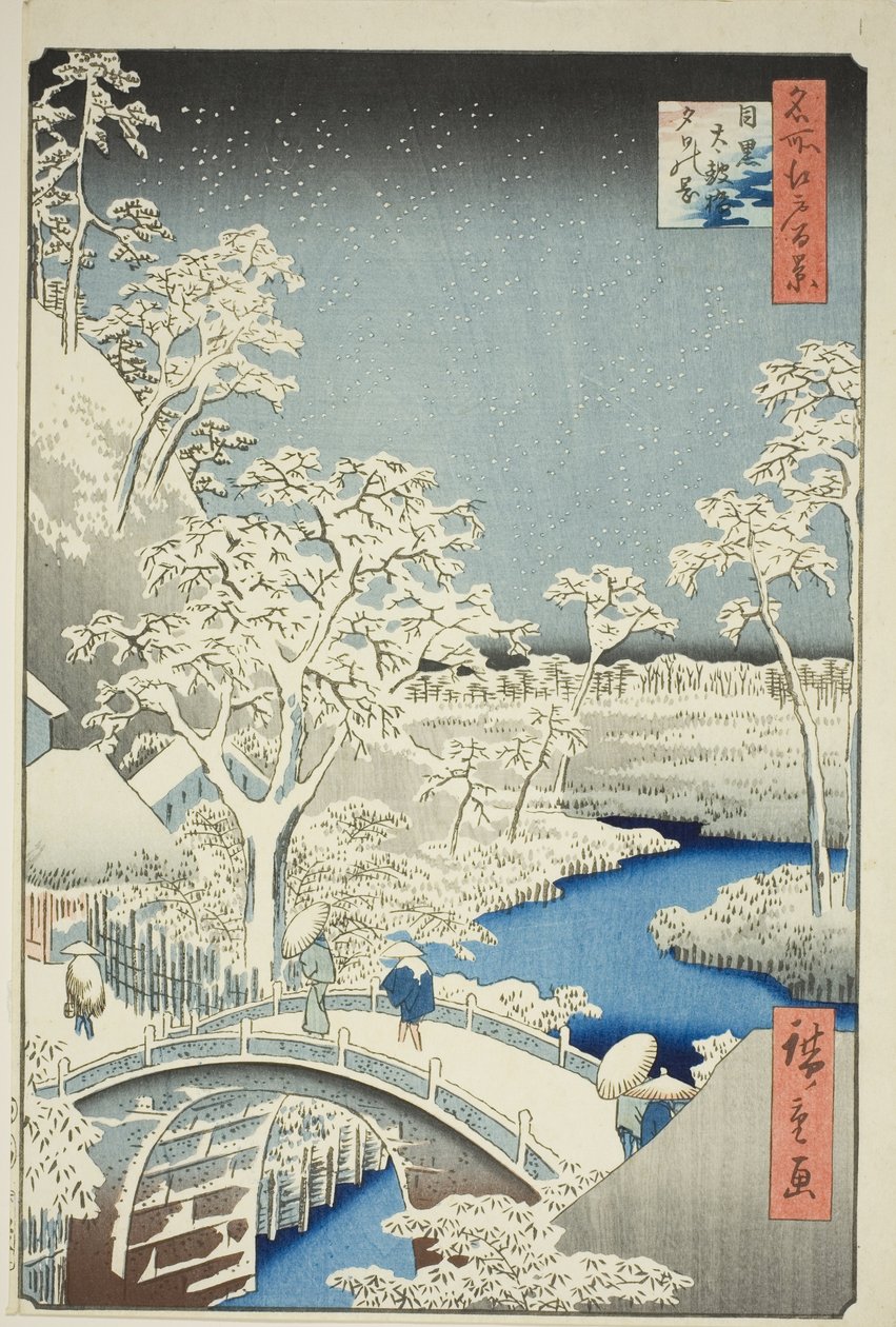 Meguro (Meguro Taiko Bridge, Yuino Hill), fra højdedraget, udsigt over Edo (Hundrede berømte udsigter over Edo) " af Utagawa Hiroshige