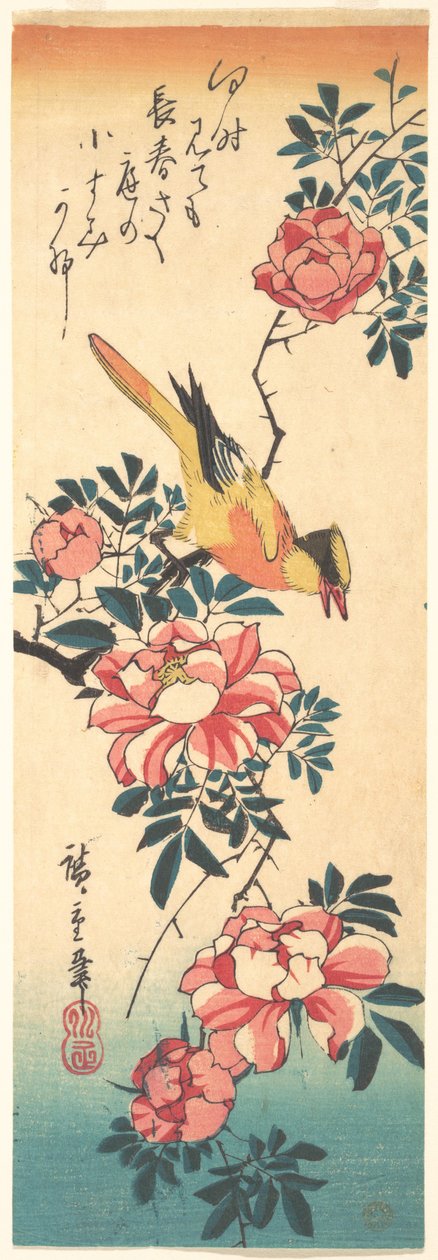 Östliche Grauwasserstelze und Rose af Utagawa Hiroshige