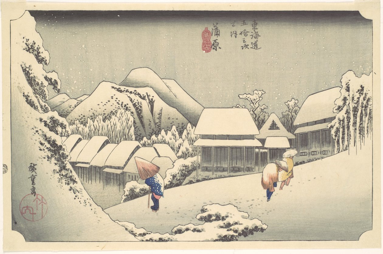 Aftensne ved Kanbara, fra serien «Tōkaidōs treoghalvtreds stationer» af Utagawa Hiroshige