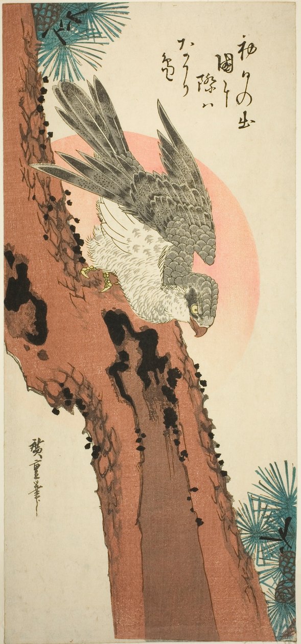 Falk på et fyrretræ med den opgående sol af Utagawa Hiroshige