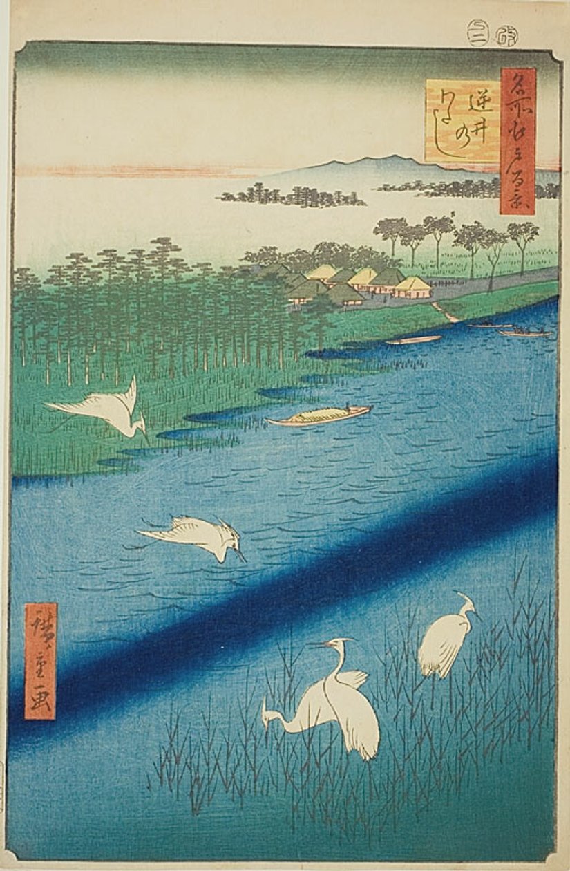 Færgeoverfart ved Sakasai (Sakasai no watashi), nr. 67 fra serien "One Hundred Famous Views of Edo (Meisho Edo hyakkei)" af Utagawa Hiroshige