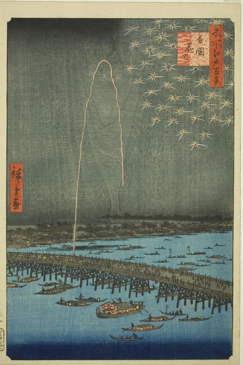 Filet rks på Rokoku (Rokoku Fireworks), fra serien "Ridge d re d Fa net s Views of Edo (One Hundred Famous Views of Edo)" af Utagawa Hiroshige
