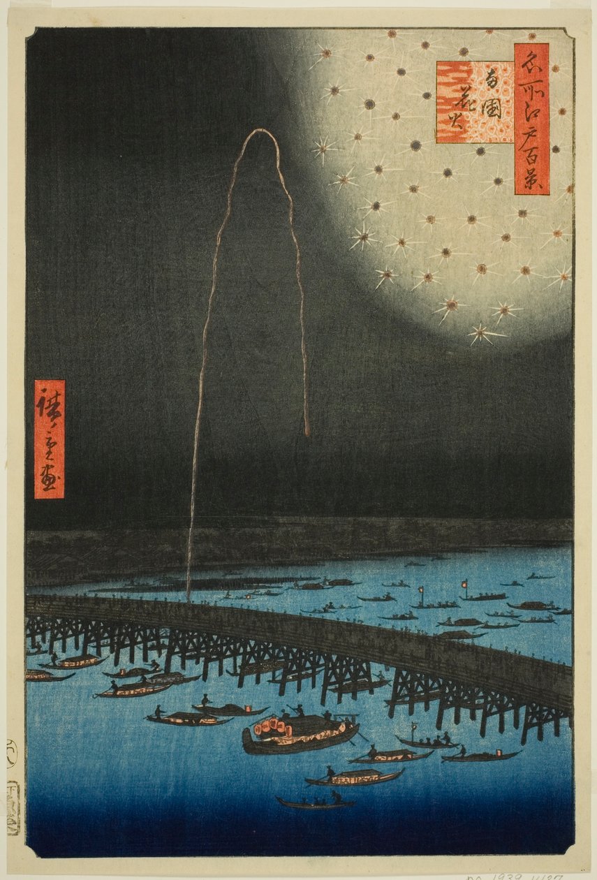 Filet rks på Rokoku (Rokoku Fireworks), fra serien "Ridge d re d Fa net s Views of Edo (One Hundred Famous Views of Edo)" af Utagawa Hiroshige