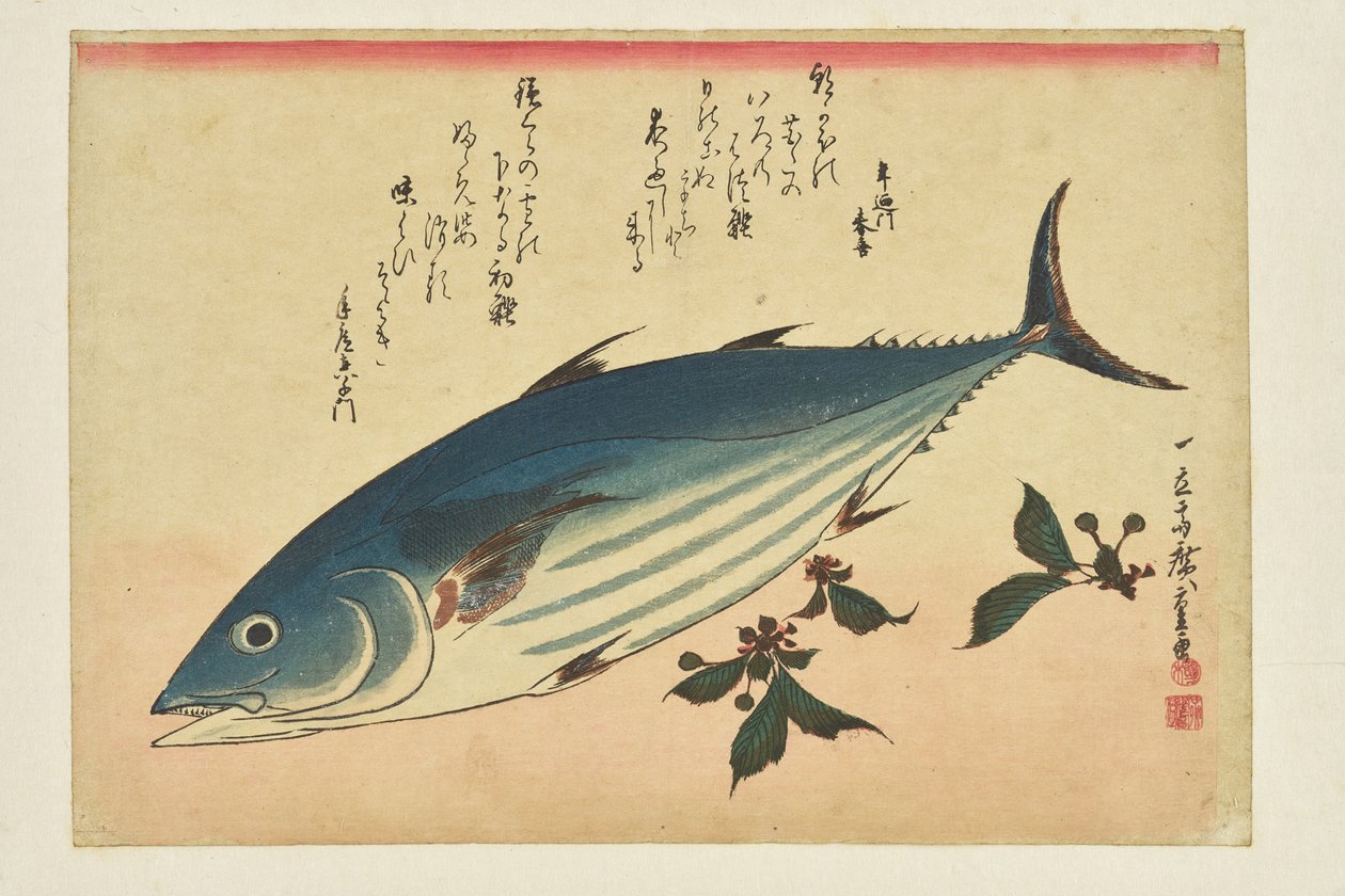 Fisketryk: Bonito og kirsebær fra serien »En fiskestime« af Utagawa Hiroshige