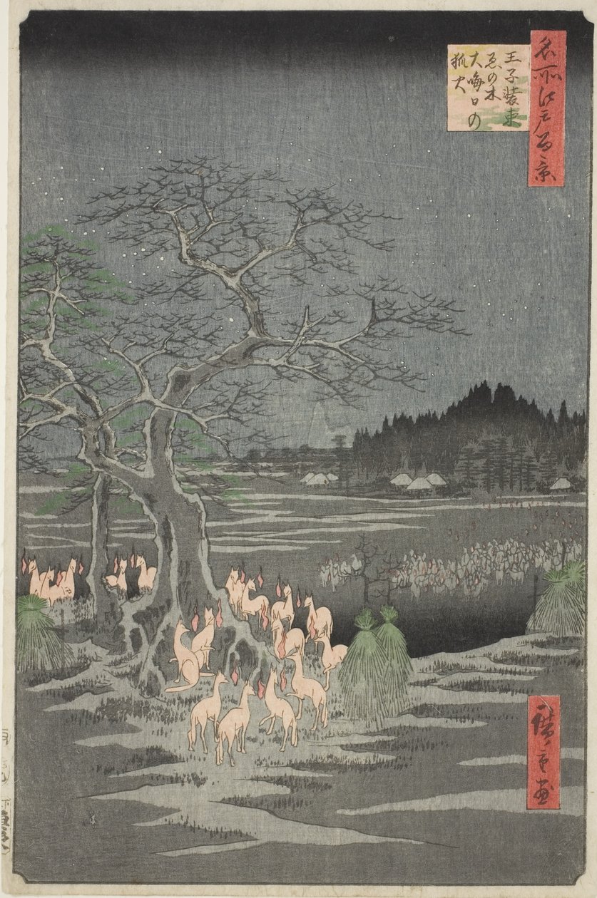Rævebål nytårsaften ved det skiftende træ i Oji (Oji shozoku enoki omisoka no kitsunebi), fra serien "Hundrede berømte udsigter over Edo (Meisho Edo hyakkei)" af Utagawa Hiroshige
