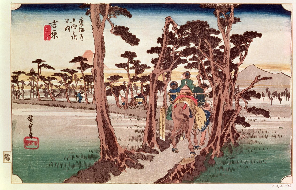 Fuji fra Yoshiwara fra 53 Stations of the Tokaido, ca. 1833 (træblok) af Utagawa Hiroshige