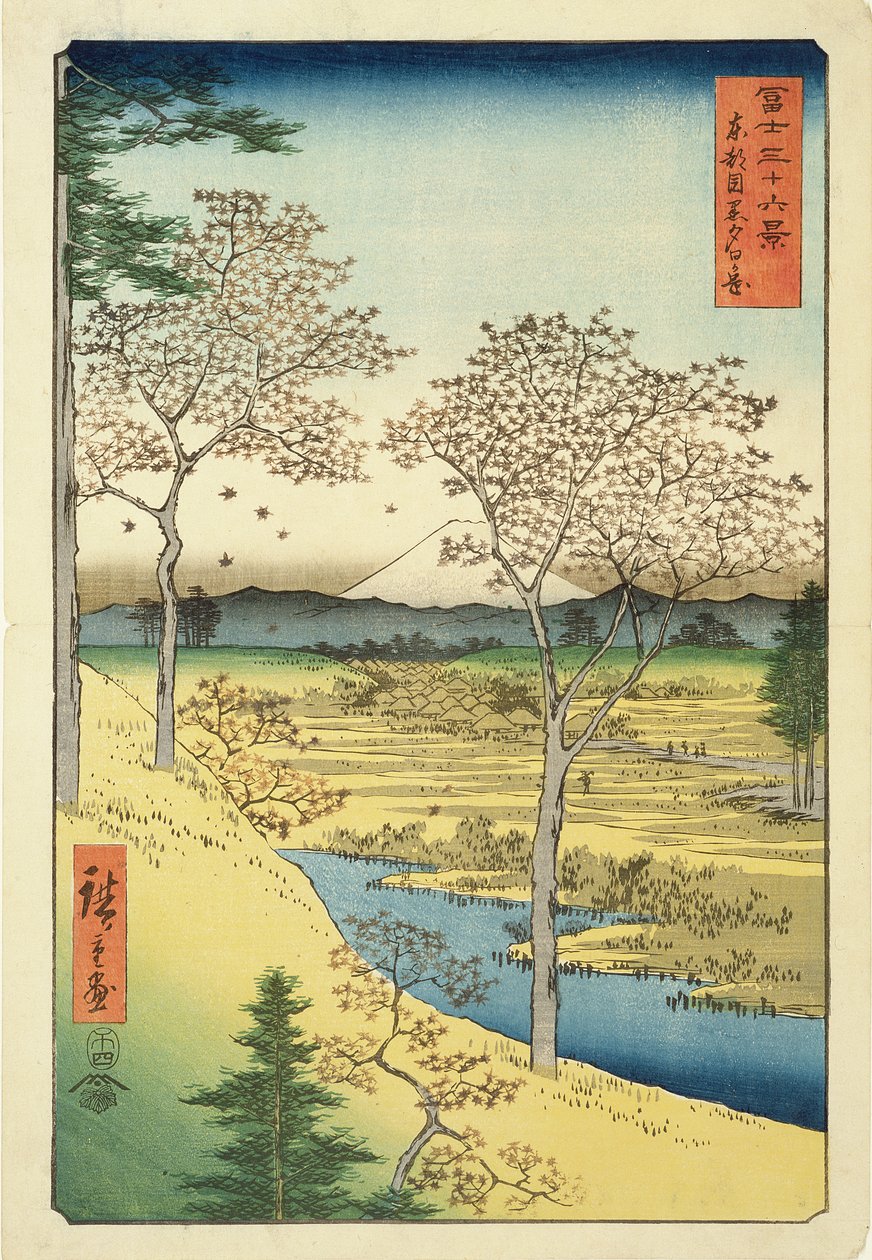 Fuji fra Yuhi-Ga, Megwo, nr. 10 fra serien "36 views of Mt.Fuji" ("Fuji Saryu Rokkei"), (farve-træsnit) af Utagawa Hiroshige