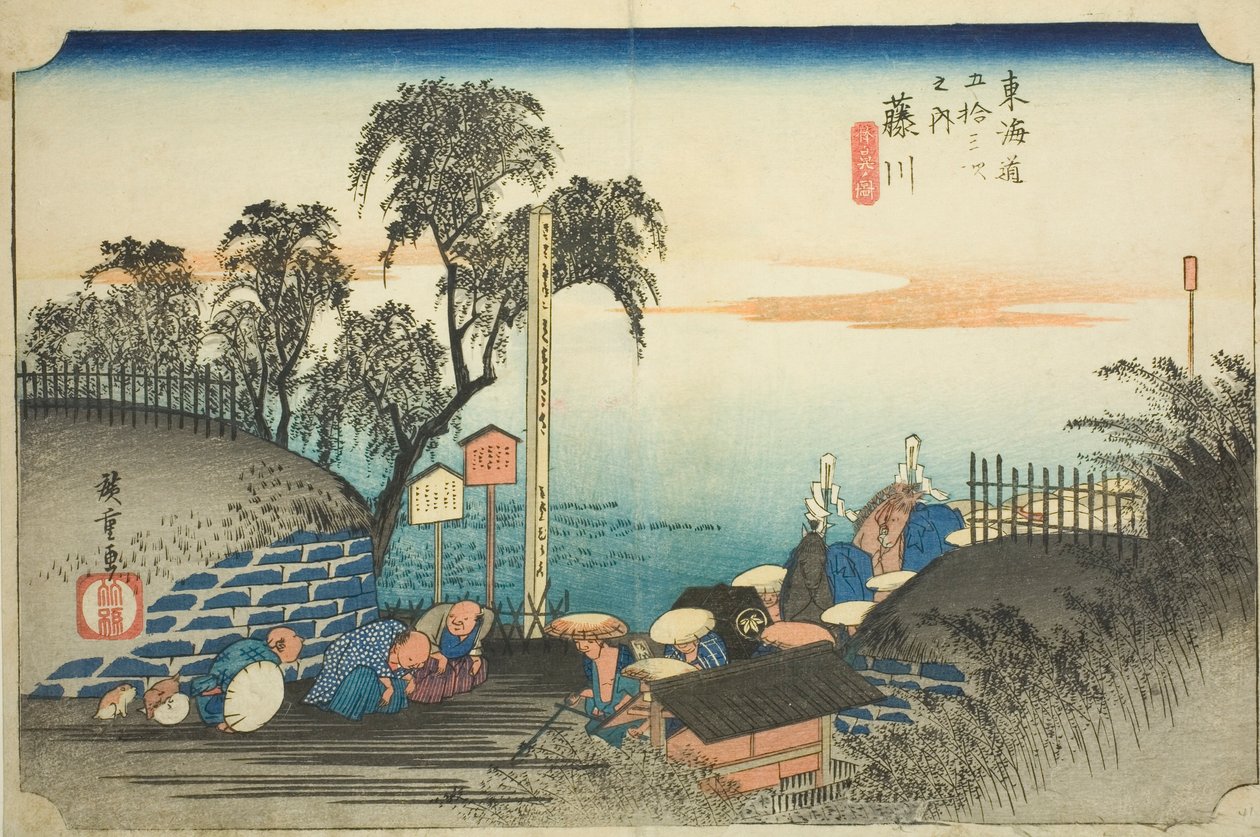 Fujikawa: View of Post Outskirts (Fujikawa, bohana no zu), fra serien "Fifty-three Stations of the Tokaido (Tokaido gojusan tsugi no uchi)," også kendt som Hoeido Tokaido af Utagawa Hiroshige