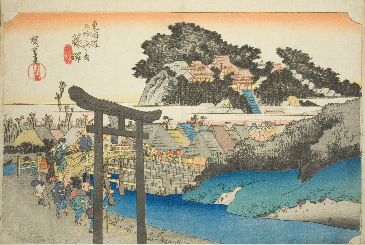 Fujisawa: Yugyo Temple (Fujisawa, Yugyoji), fra serien "Fifty-three Stations of the Tokaido Road (Tokaido gojusan tsugi no uchi)," også kendt som Hoeido Tokaido af Utagawa Hiroshige