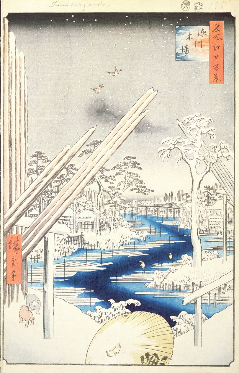 Fukagawa Lumberyards, nr. 106 fra One Hundred berømte udsigter over Edo, 1856 (træblok farvetryk) af Utagawa Hiroshige