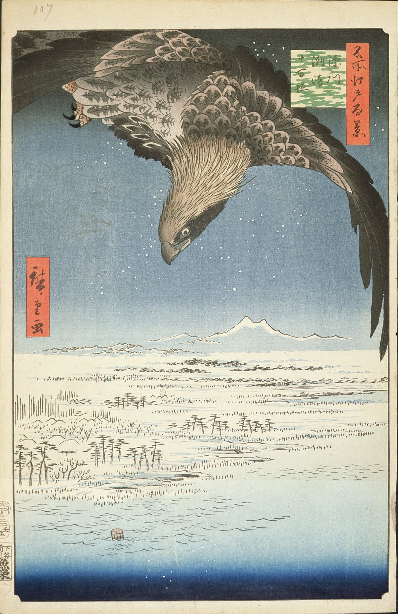 Fukagawa Susaki og Jumantsubo, nr. 107 fra One Hundred berømte udsigt over Edo, 1857 (træblok farvetryk) af Utagawa Hiroshige