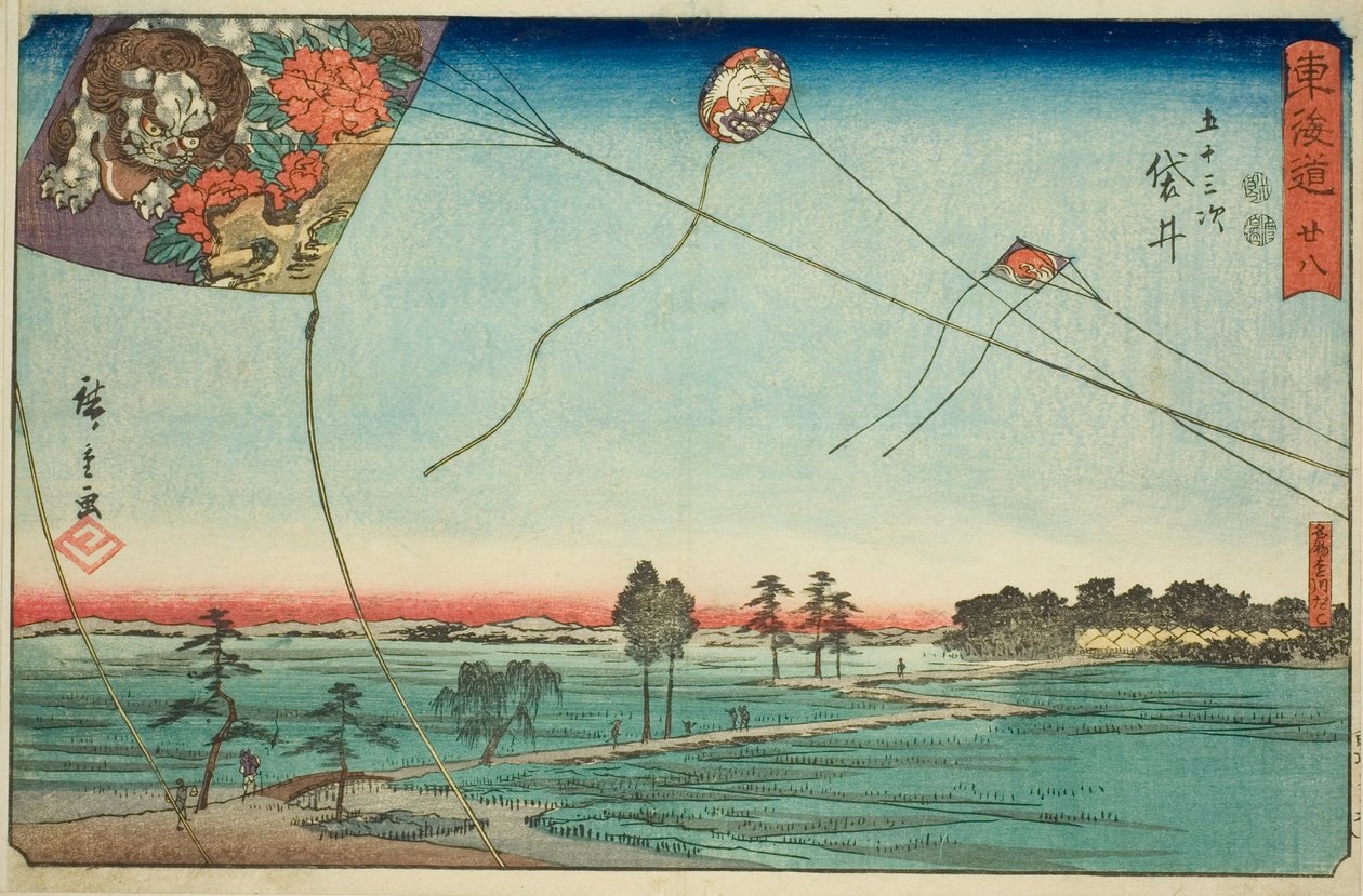 Fukuroi: Famous Kites of Enshu (Fukuroi, meibutsu Enshu dako) — nr. 28, fra serien "Fifty-three Stations of the Tokaido (Tokaido gojusan tsugi)," også kendt som Reisho Tokaido af Utagawa Hiroshige