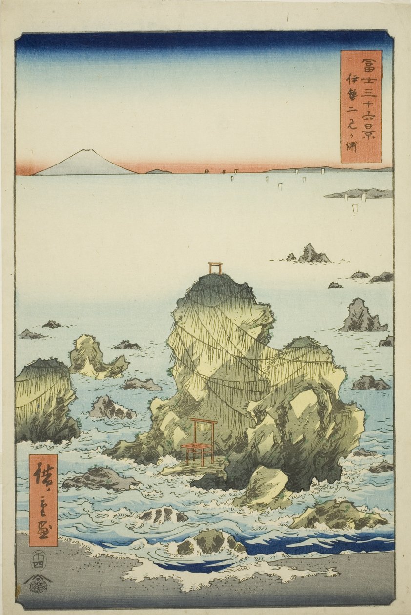 Futami Bay i Ise-provinsen (Ise Futamigaura), fra serien "Seksogtredive udsigter over Mount Fuji (Fuji sanjurokkei)" af Utagawa Hiroshige