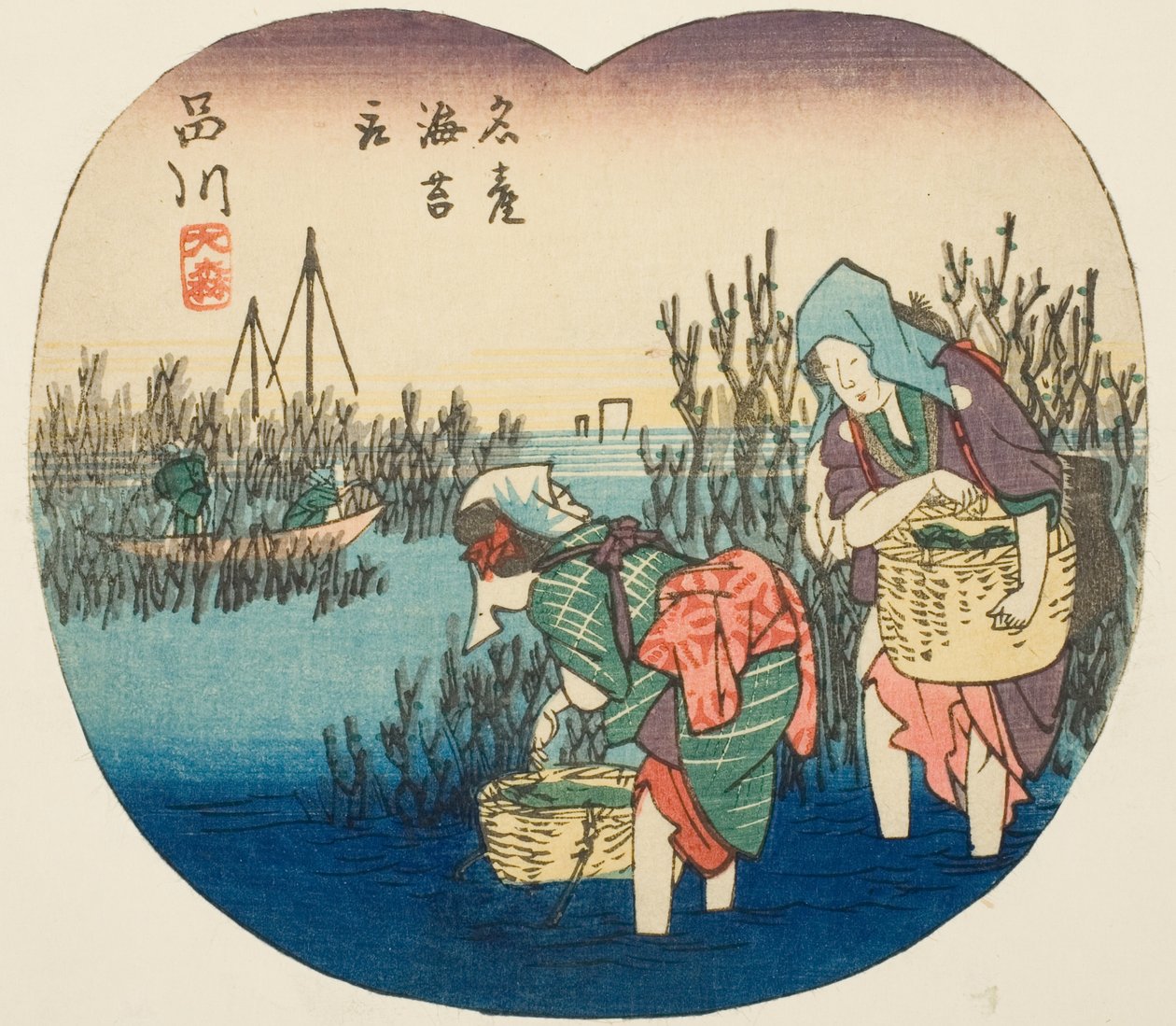Indsamling af tang ved Omori i Shinagawa (Shinagawa, Omori, meisan nori tori), sektion af ark nr. 1 fra serien "Udskæringsbilleder af Tokaido-vejen (Tokaido harimaze zue)" af Utagawa Hiroshige