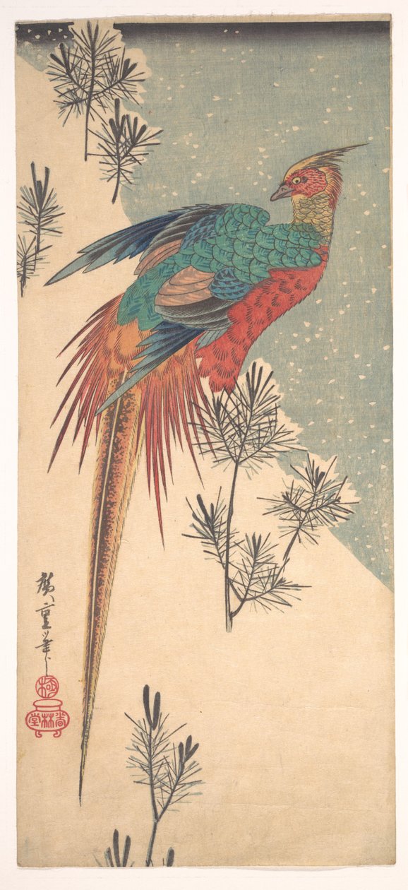 Guldfasan og fyrretræsskud i sneen af Utagawa Hiroshige