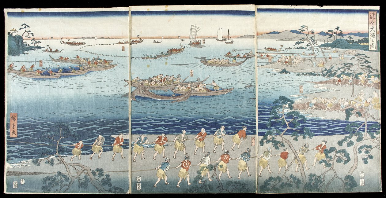 En fantastisk fiskescene i bugten af Utagawa Hiroshige