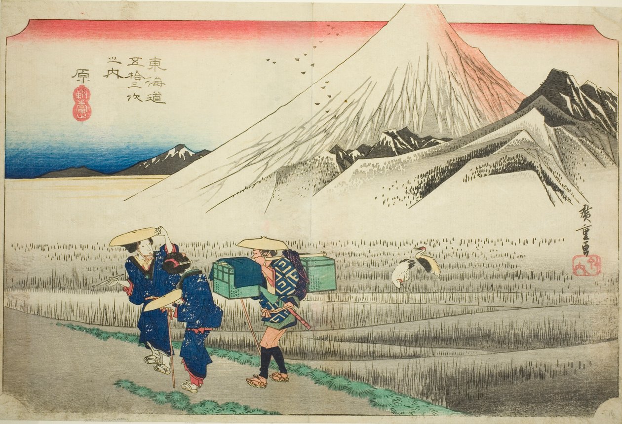 Hara: Mount Fuji in the Morning (Hara, asa no Fuji), fra serien "Fifty-three Stations of the Tokaido Road (Tokaido gojusan tsugi no uchi)," også kendt som Hoeido Tokaido af Utagawa Hiroshige