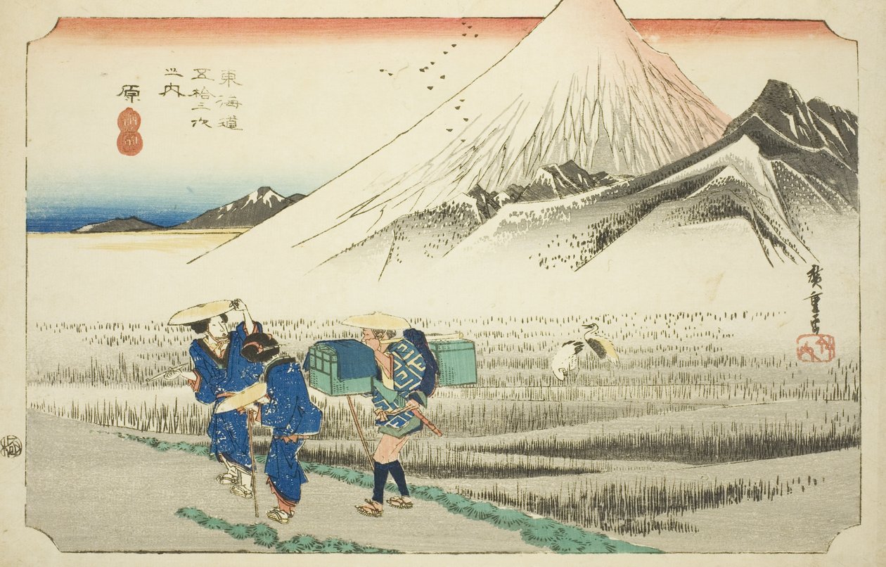 Hara: Mount Fuji in the Morning (Hara, asa no Fuji), fra serien "Fifty-three Stations of the Tokaido Road (Tokaido gojusan tsugi no uchi)," også kendt som Hoeido Tokaido af Utagawa Hiroshige