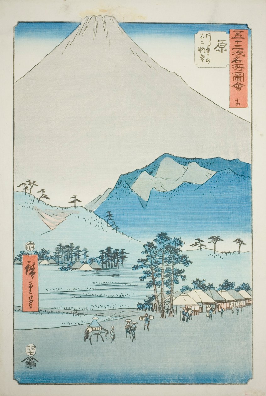 Hara: Udsigt over Ashitaka-bjergene og Fuji-bjerget (Hara, Ashitakayama Fuji chobo), nr. 14 fra serien "Famous Sights of the Fifty-tre Stations (Gojusan tsugi meisho zue)," også kendt som den lodrette Tokaido af Utagawa Hiroshige