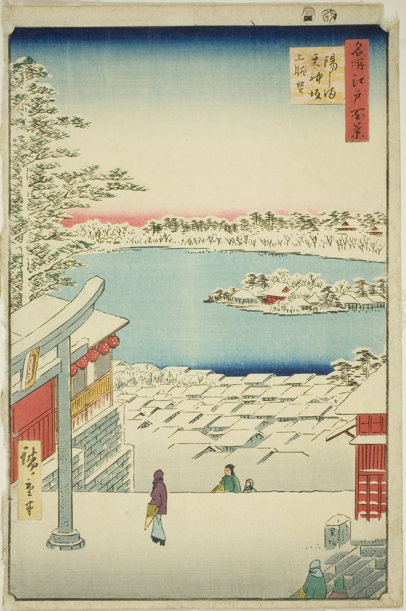 Træk l og p visning fra Yushima Tenjin Shline (Yushima Tenjin Sakaue Tembo), fra serien ``Ridge dred fa net s view of Edo (One hundred views of Edo)