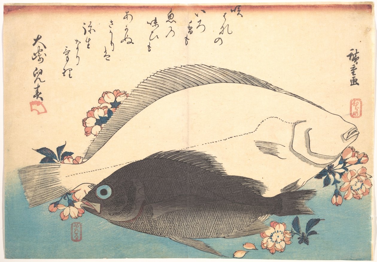 Hirame- og mebaru-fisk med kirsebærblomster, fra serien Uozukushi - Alle slags fisk af Utagawa Hiroshige